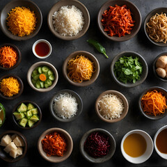 Rustic stone table setting, fresh Asian ingredients, and colorful textures.