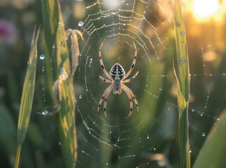 Spider in Web with Dewdrops at Sunrise