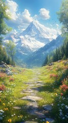 Hiking Path Leading to Snow-capped Mountain Scenery