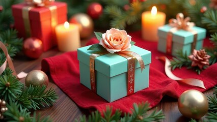 A Festive Arrangement of Presents, Candles, and Evergreen Branches Featuring a Delicate Pastel Gift Box Adorned with a Rose