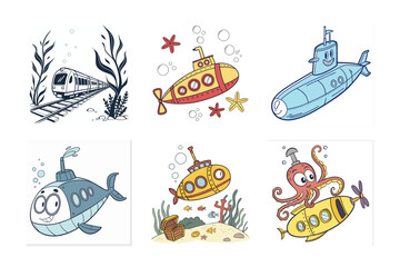 vector illustration of a set of icons for submarine exploring the Arctic waters 