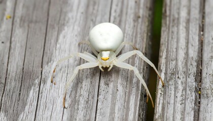 Close-up of a white spider on weathered wood