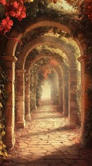 Walking Through Stone Archway with Green Ivy and Autumn Leaves