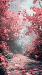 Walking Path with Pink Blossom Trees and Fallen Petals
