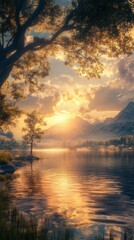 Lake at Sunset with Tree and Mountain Scenery