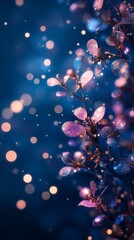 Glowing Branch with Delicate Leaves and Bokeh Lights on Dark Blue Background