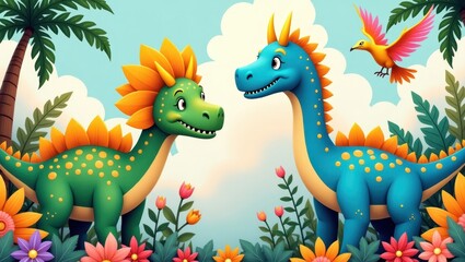 Two friendly dinosaurs in a floral garden.