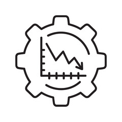 Economic crisis icon with a gear and declining graph representing business recession performance failure and financial market downturn line vector stroke