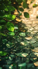 Close-up of Lush Green Leaves and Water with Golden Light