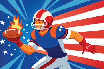 Fototapeta premium American Football Player Running with Flaming Ball Against Patriotic Background Illustration