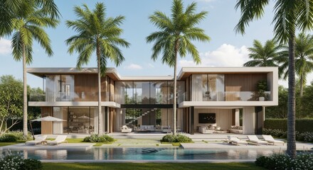 Fototapeta premium Modern Luxury Tropical Villa with Pool and Lush Greenery