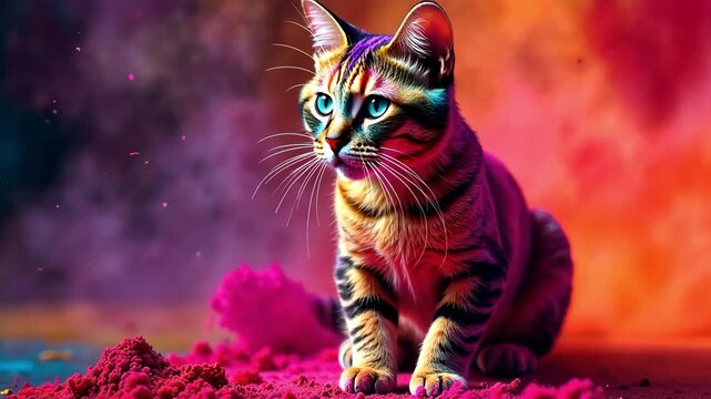 AI Generative Animal kitty sprayed with colorful colors holi, Indian spring festival