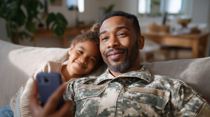 A candid portrait of a servicemember and daughter with flags
