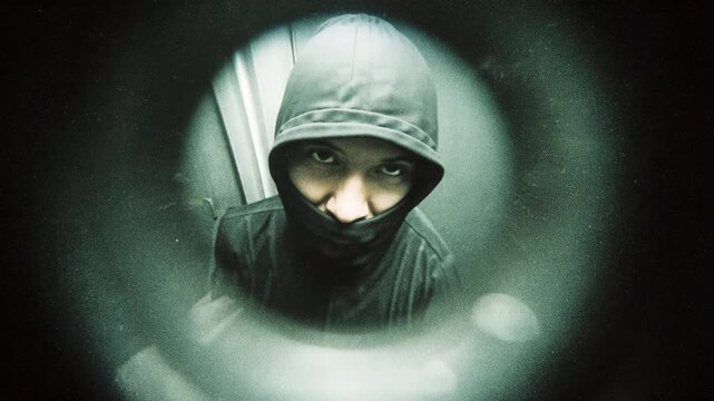 Scary dangerous person silhouette viewed through peephole. Privacy, security, curiosity. Suspicious neighbor peeping looking door peep hole. Thief, criminal looking closely, planning crime.