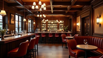Elegant Interior of a Classic American Bar with Rich Wood Paneling and Luxurious Leather Seating and Well Stocked Liquor Shelves