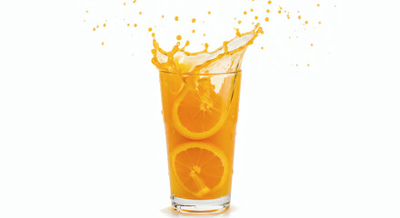 Glass of fresh orange juice with slices and splash effect, isolated on white background