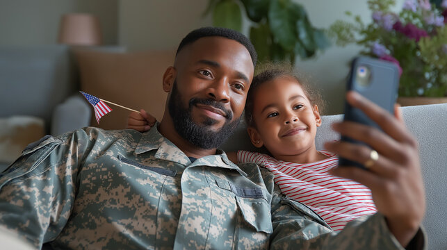 Relaxed Living Room Scene with Servicemember and Daughter