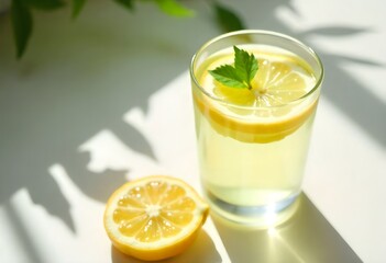 Fototapeta premium Fresh orange juice in a glass with a half orange on a marble worktop