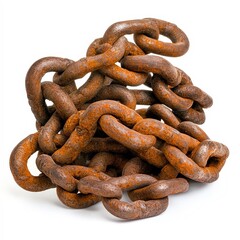 Fototapeta premium A close-up of a tangled, rusty metal chain showcasing its texture and aged appearance, This image can be used in industrial, repair, or historical contexts, highlighting themes of strength and decay,