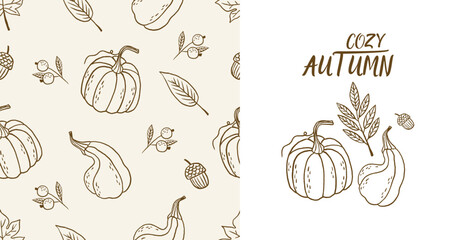 Obraz premium Autumn seamless pattern, cozy autumn elements, pattern vector illustration