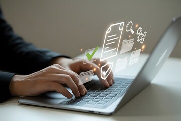 Businessman using laptop for document management system online documentation database and process automation to efficiently manage files and