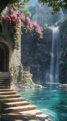 Waterfall Cascading Into Turquoise Pool by Stone Building with Flowers
