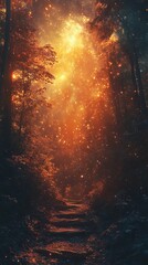 Pathway Through a Forest Bathed in Magical Golden Light