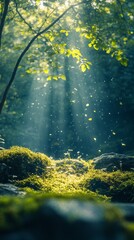 Sunlight Streaming Through Forest Canopy Illuminating Mossy Ground