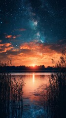 Lake at Sunset with Stars and Reed Silhouettes Reflecting in Water