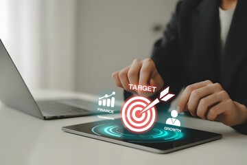 Businesswoman using a digital tablet with a target icon finance teamwork and growth icons for business strategy and