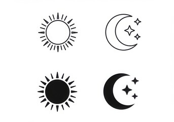 Fototapeta premium Sun and moon celestial icons isolated on white background