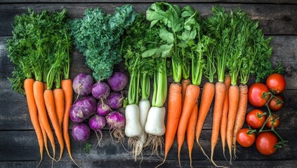A variety of fresh vegetables arranged on an old wooden table, including carrots, tomatoes, green beans, and bell peppers.