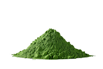 Pile of matcha green tea powder forming a small mountain on transparent background