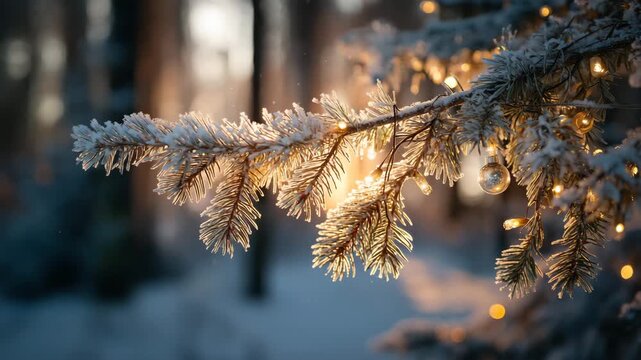 Frosted pine branch with glowing lights for christmas, cozy winter nature with soft bokeh background and slow motion.