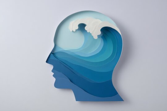 papercraft head silhouette with calm ocean wave for mindfulness, inner peace and mental health