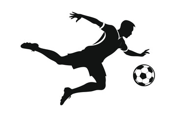 Silhouette of a soccer player kicking a ball in mid air action