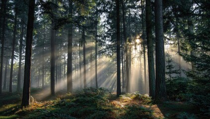 Sunbeams pierce a misty forest