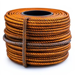 Obraz premium A coiled roll of durable orange and gray rope is displayed prominently, ideal for construction and outdoor activities, This image can be used for advertising tools, safety equipment, or DIY projects,