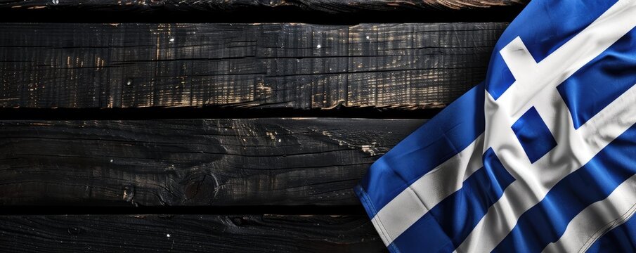 Greece flag on black background with copy space for text, banner design. greek flag on dark wooden table. .