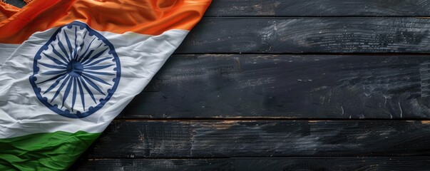 Indian flag on a black background with space for copy, in a top view. The Indian national flag banner. 