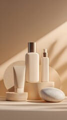 Elegant minimalist skincare arrangement studio product photography soft lighting aesthetic appeal