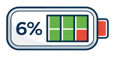Low Battery Notification: A digitally rendered battery icon displays a 6% charge, signifying low power and the need for charging.