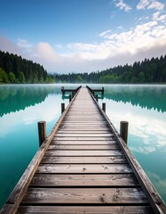 Wooden Pier Extending into Lake - Nature scene - greenery