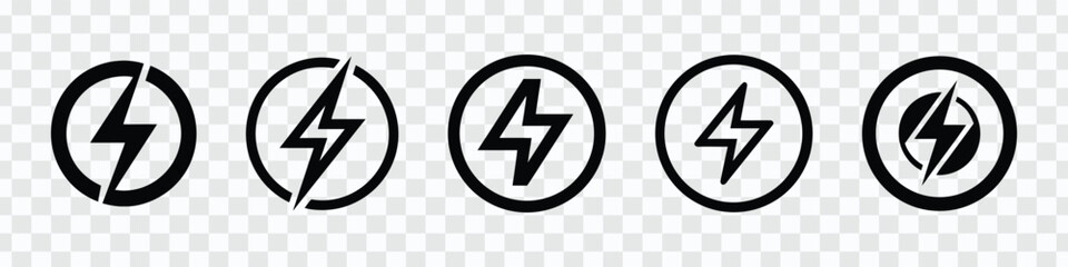 "Black Lightning Bolt Icon Set - Power, Energy, and Electric Symbols"