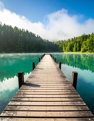 Obraz premium Wooden Pier Extending into Lake - Nature scene - greenery