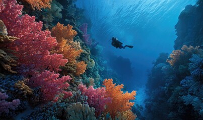 Underwater diver amongst vibrant coral