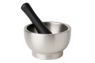 Polished stainless steel mortar and pestle positioned on clean white surface, awaiting kitchen preparation