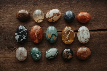 Obraz premium Collection of polished tumbled stones displaying a variety of natural colors and patterns arranged on a rustic wooden surface