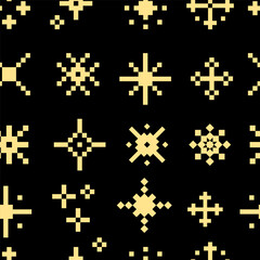 Seamless pattern of yellow pixel snowflakes stars and flares on black background in 8 bit retro style, perfect for winter designs, holiday wrapping paper,digital games, and seasonal backgrounds.Vector