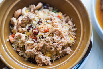 Thai food fried rice with dried shredded pork and cashew nuts in bowl